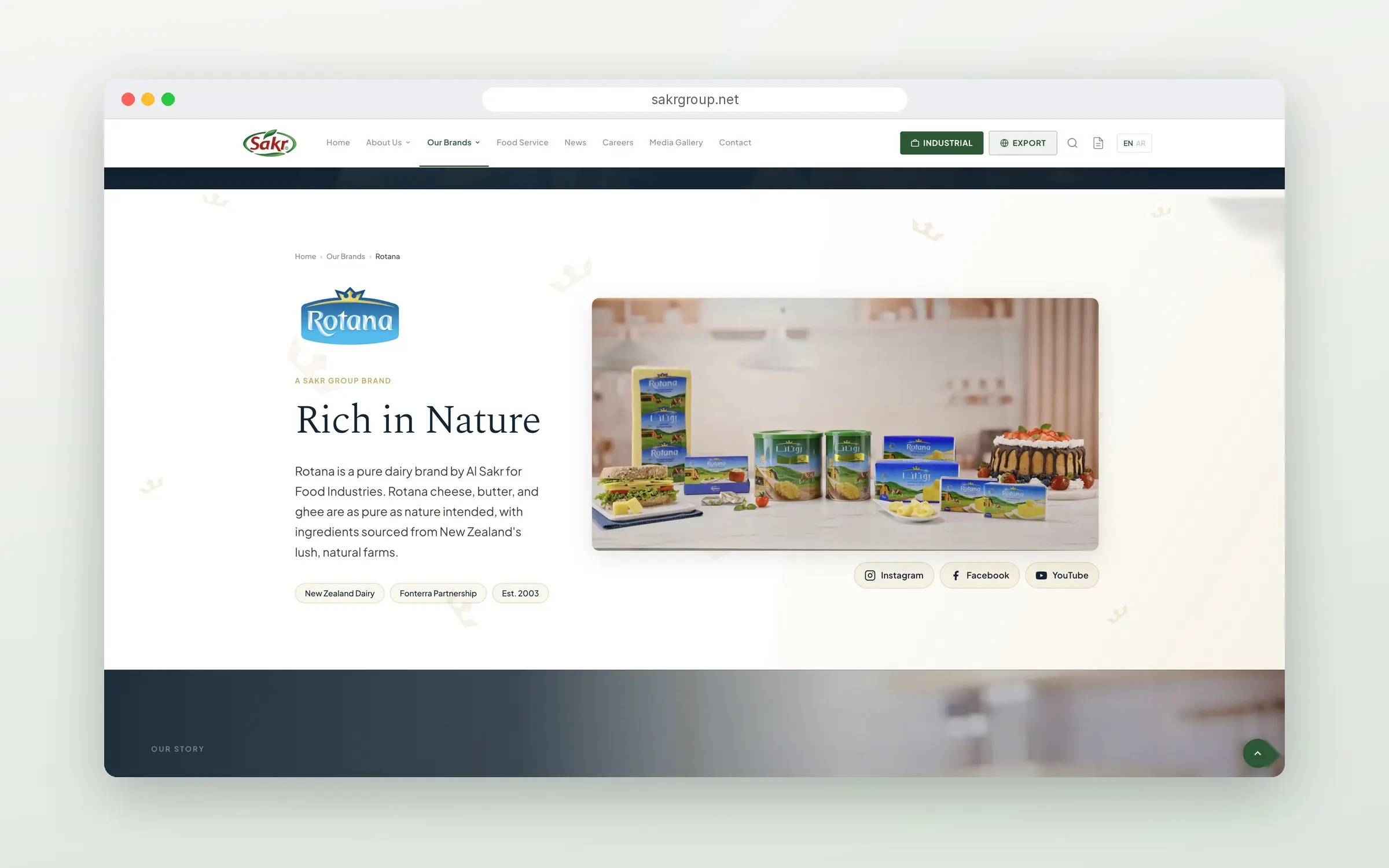 Rotana brand page with product range and social links