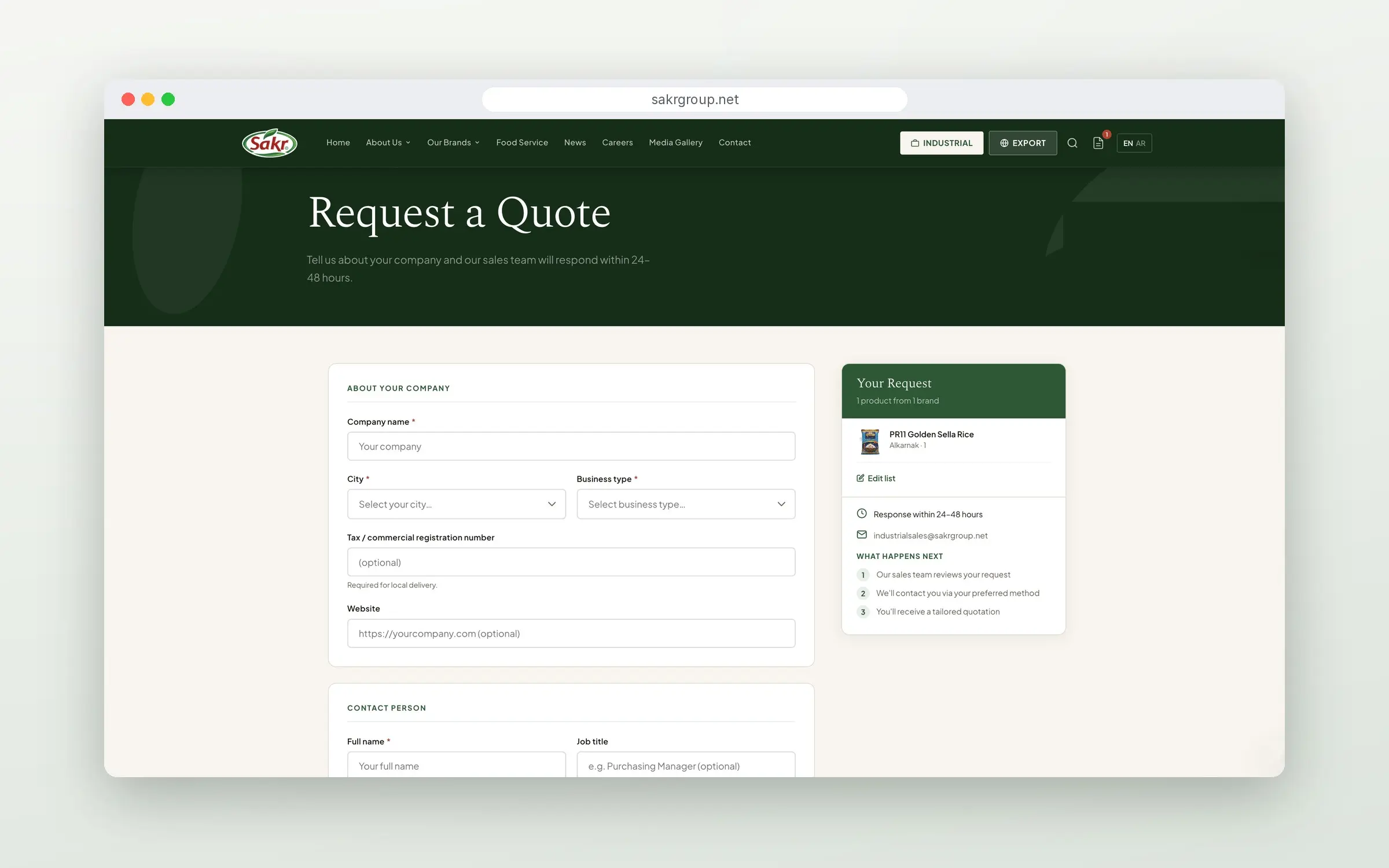 Request a Quote form for industrial buyers with a request summary