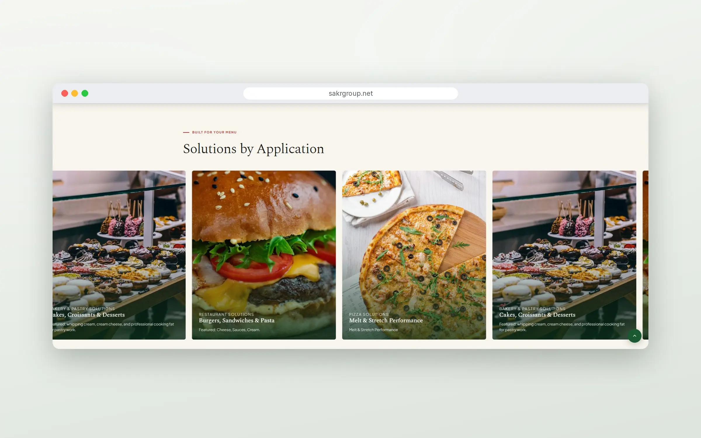 Food Service section showing solutions by application for bakeries, restaurants, and pizza