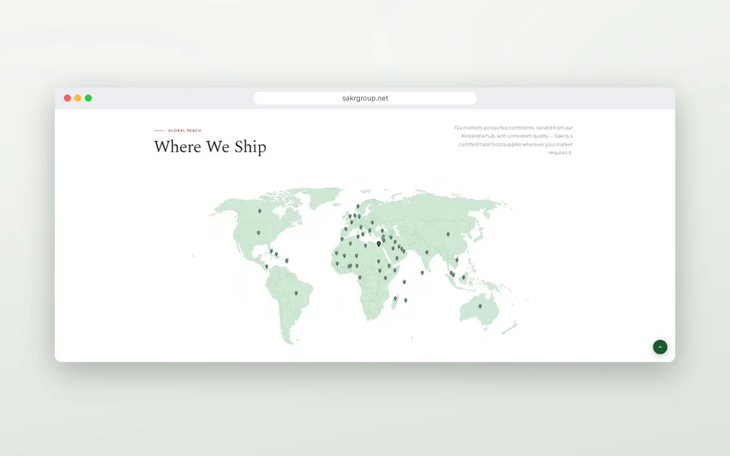 Global reach map showing Sakr Group's export markets across five continents