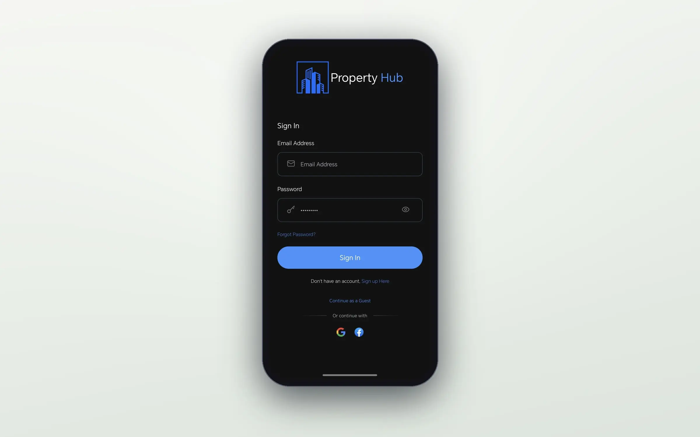 Property Hub sign-in screen with email and password fields, a Sign In button, and Google and Facebook sign-in options.