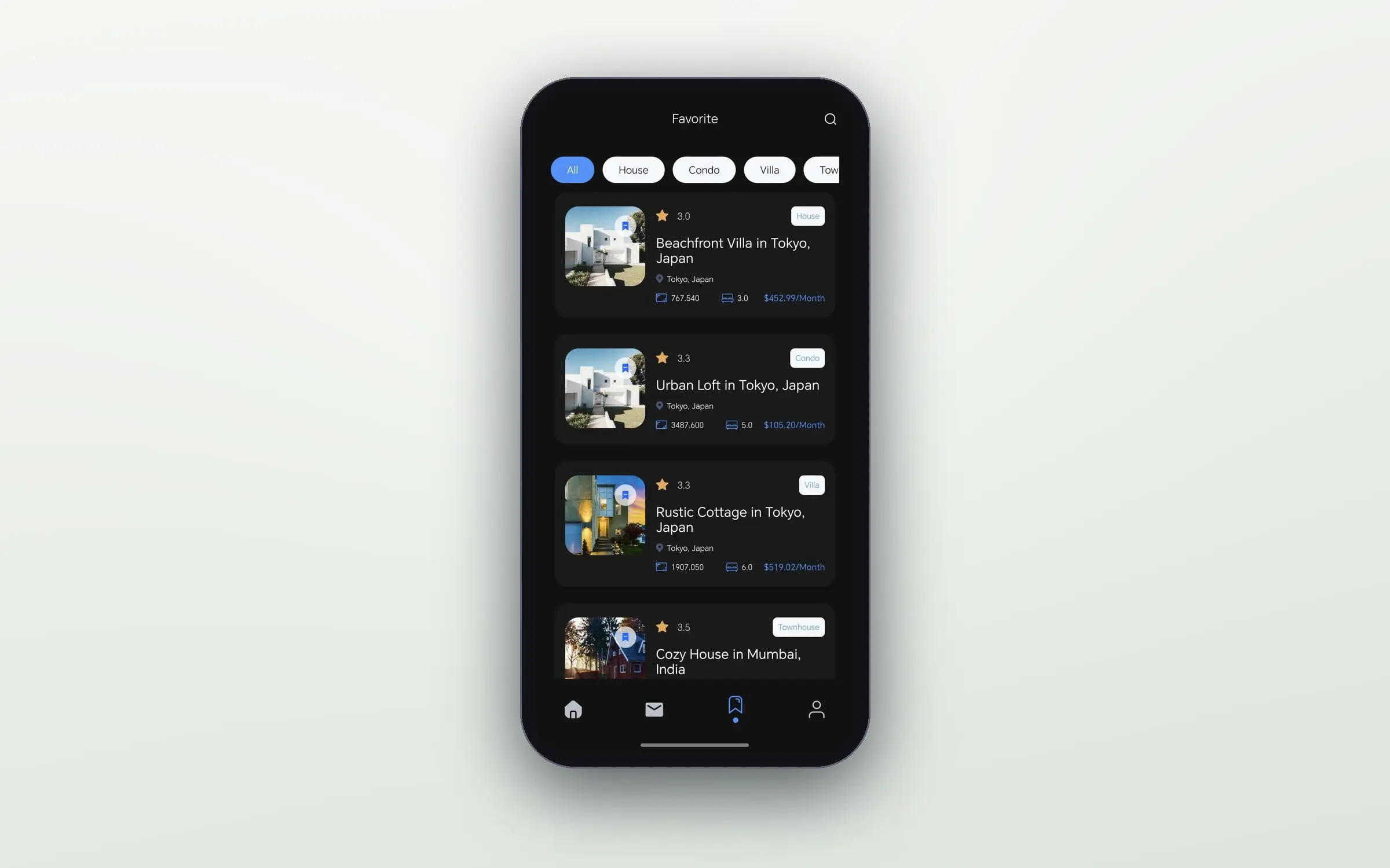 Property Hub favorites screen with category filters and a saved list of property cards showing photos, ratings, prices, and locations.